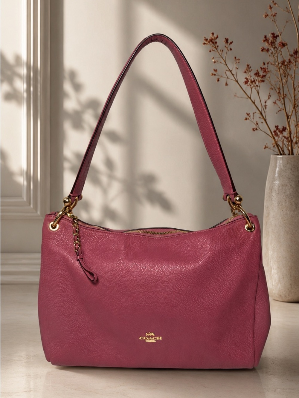 Coach Mia Shoulder Bag Strawberry Pink Pebble Leather Gold Hardware